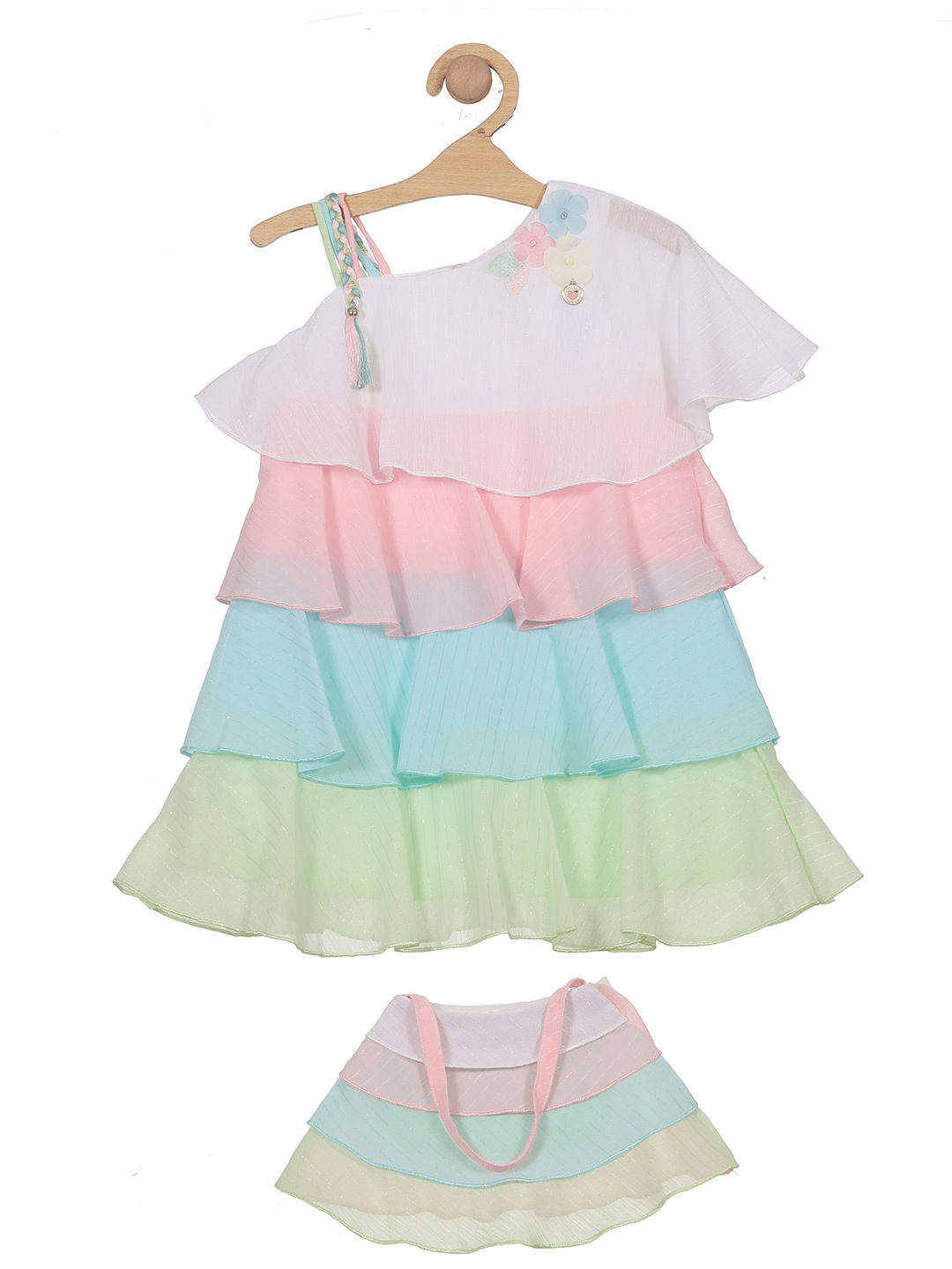 

Lil Lollipop Girls Colourblocked Tiered A-Line Dress With Bag, Pink