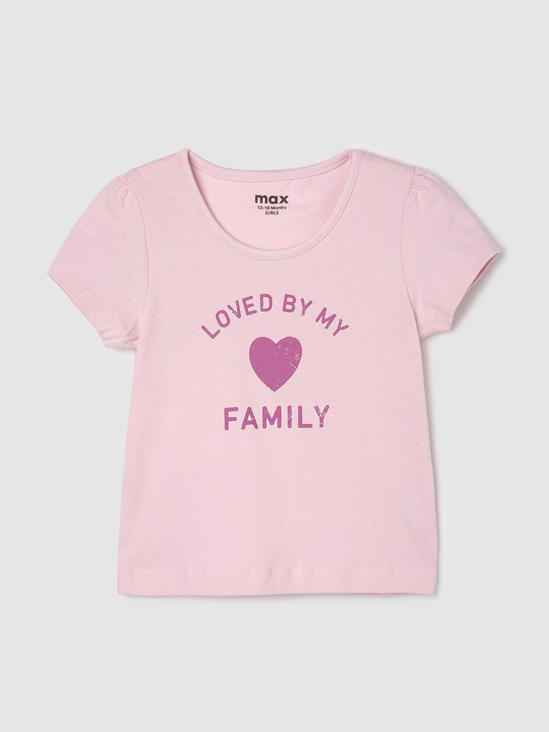 

max Infants Girls Typography Printed Puff sleeves Pure Cotton T-shirt, Pink