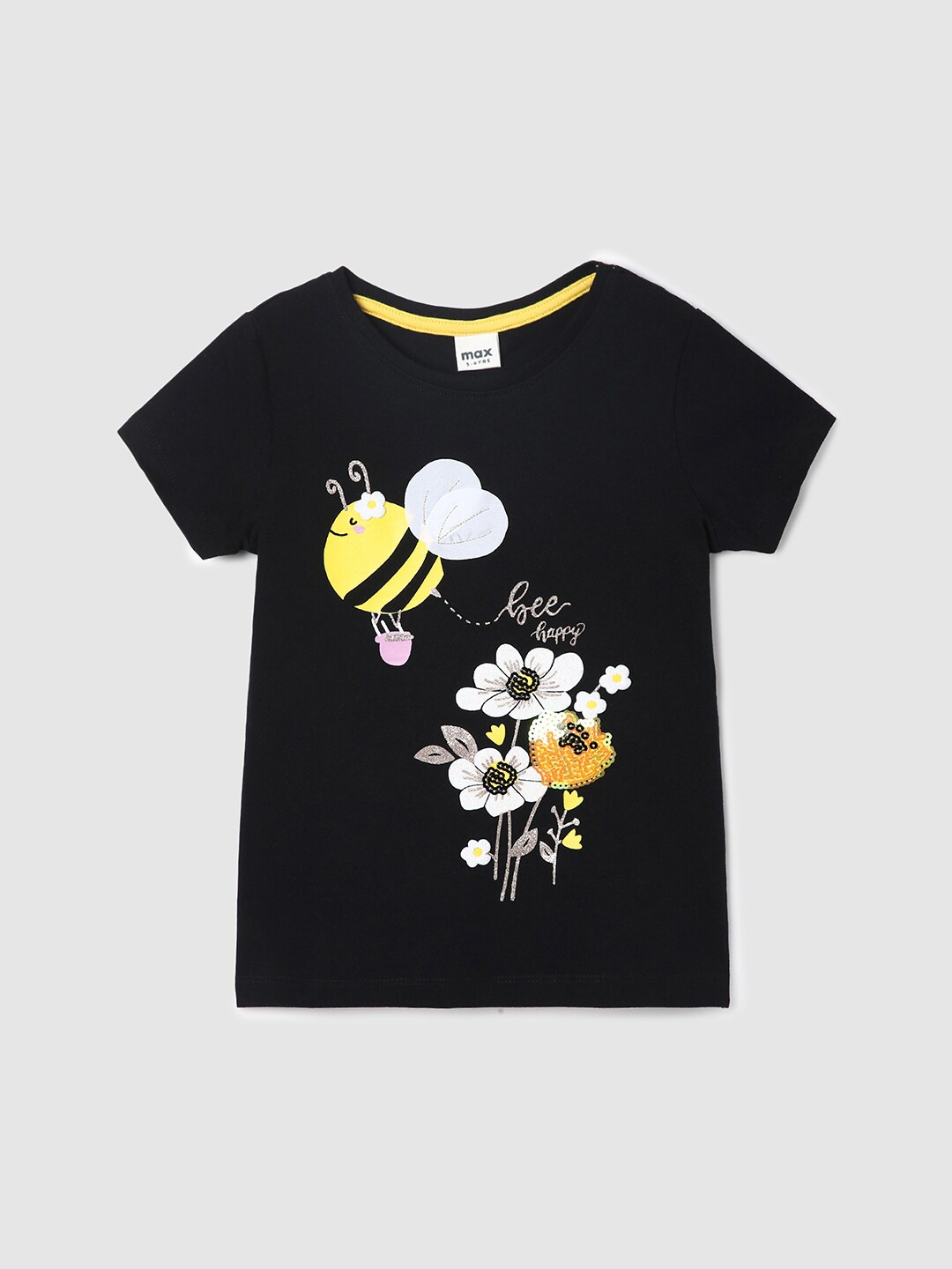 

max Girls Graphic Printed Pure Cotton T-shirt, Black