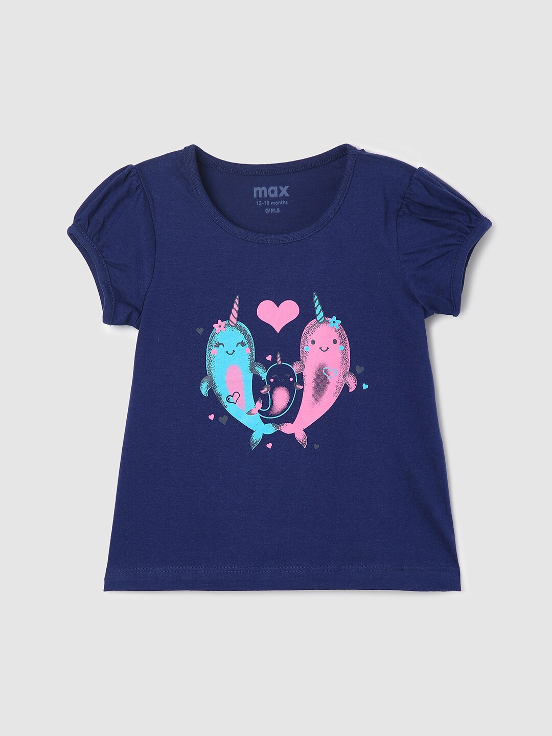

max Infant Girls Graphic Printed Puff Sleeves Pure Cotton T-shirt, Blue