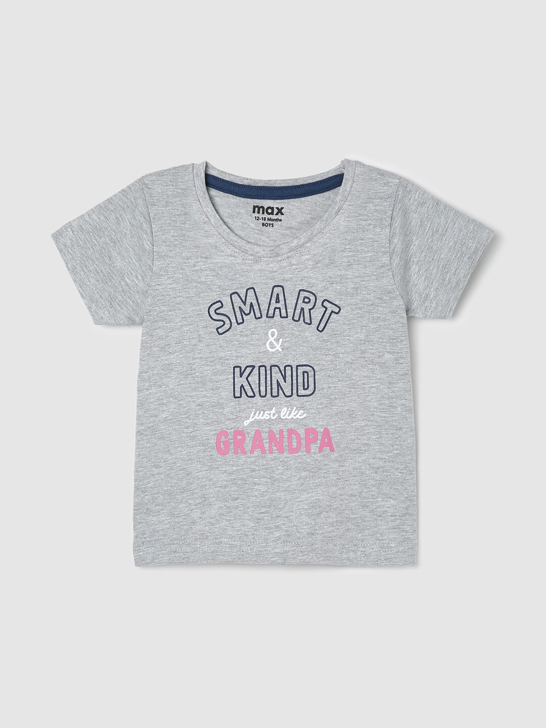 

max Infants Boys Typography Printed Pure Cotton T-shirt, Grey melange