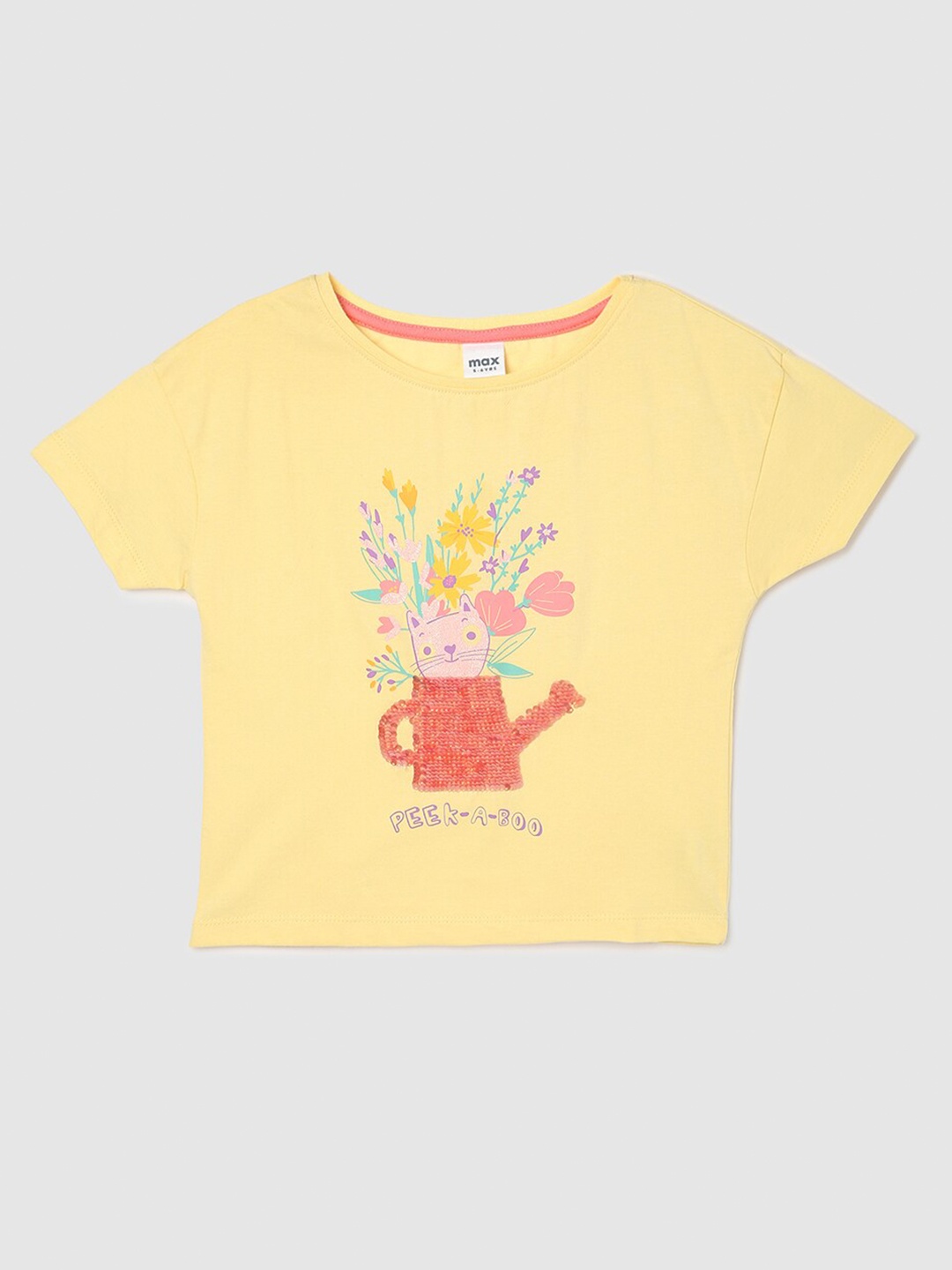 

max Girls Floral Printed Embellished Pure Cotton T-shirt, Yellow