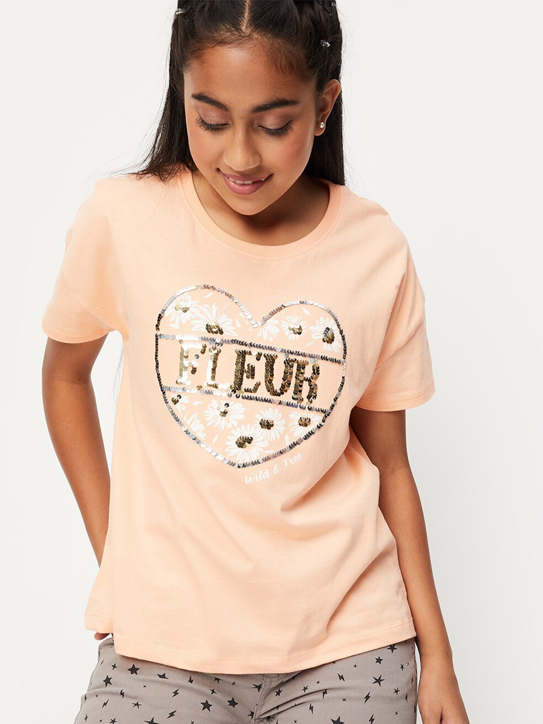 

max Girls Graphic Printed Cotton T-shirt, Beige