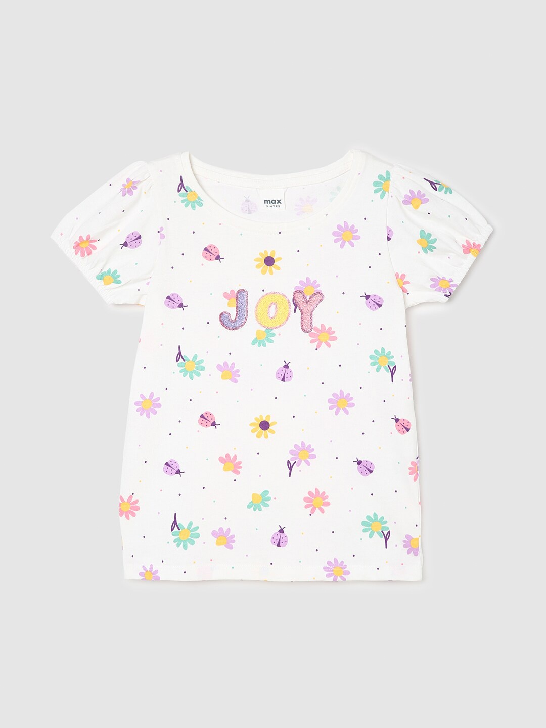 

max Girls Printed Puff Sleeves Pure Cotton T-shirt, White