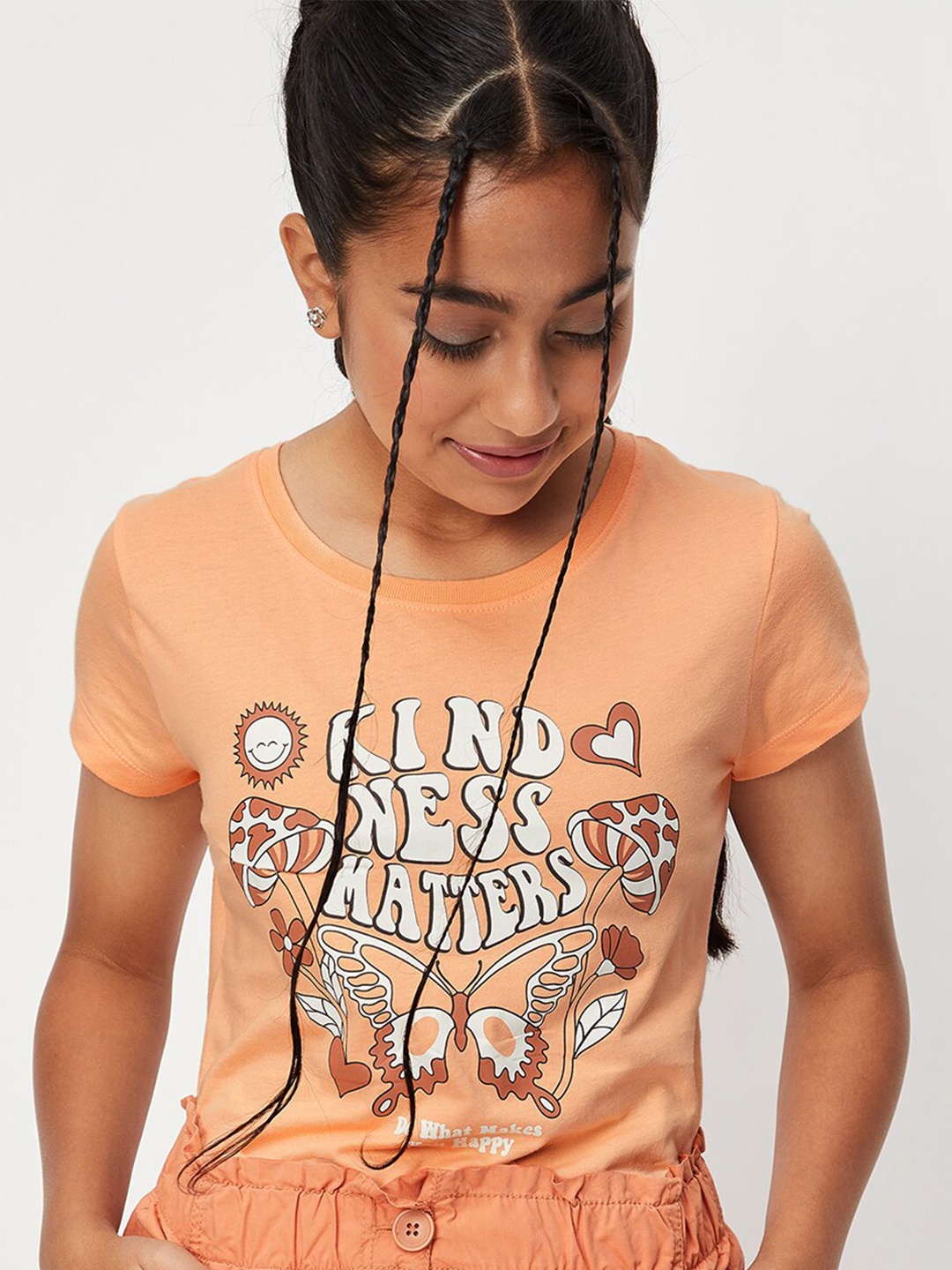

max Girls Typography Printed Pure Cotton T-shirt, Orange