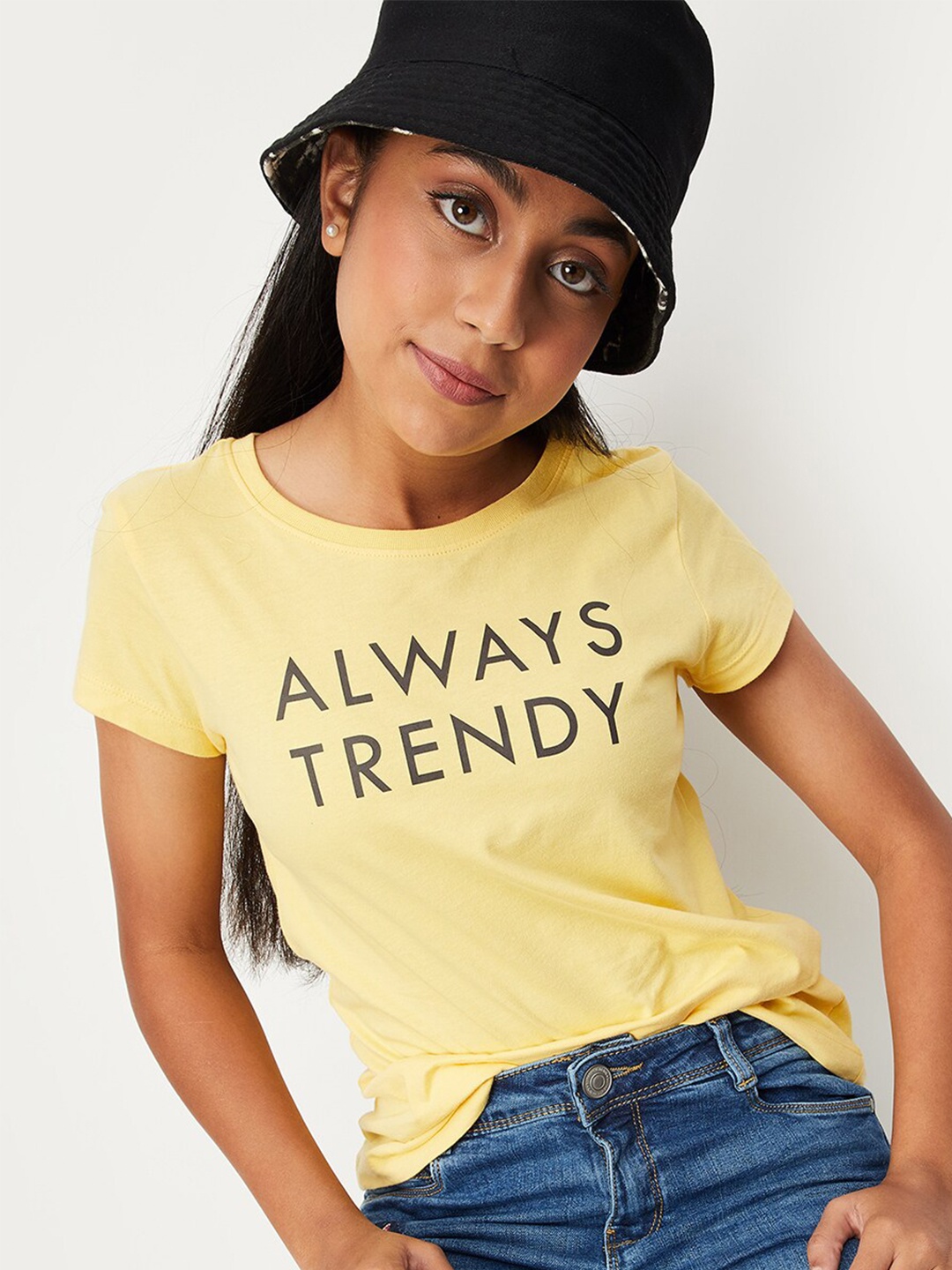 

max Girls Typography Printed Pure Cotton T-shirt, Yellow