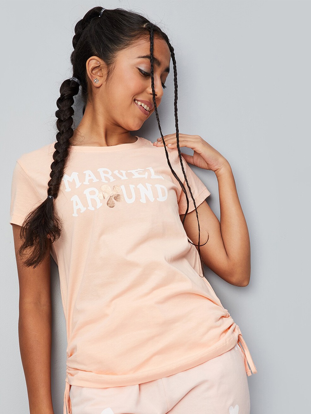 

max Girls Typography Printed Side Tying Pure Cotton T-shirt, Peach