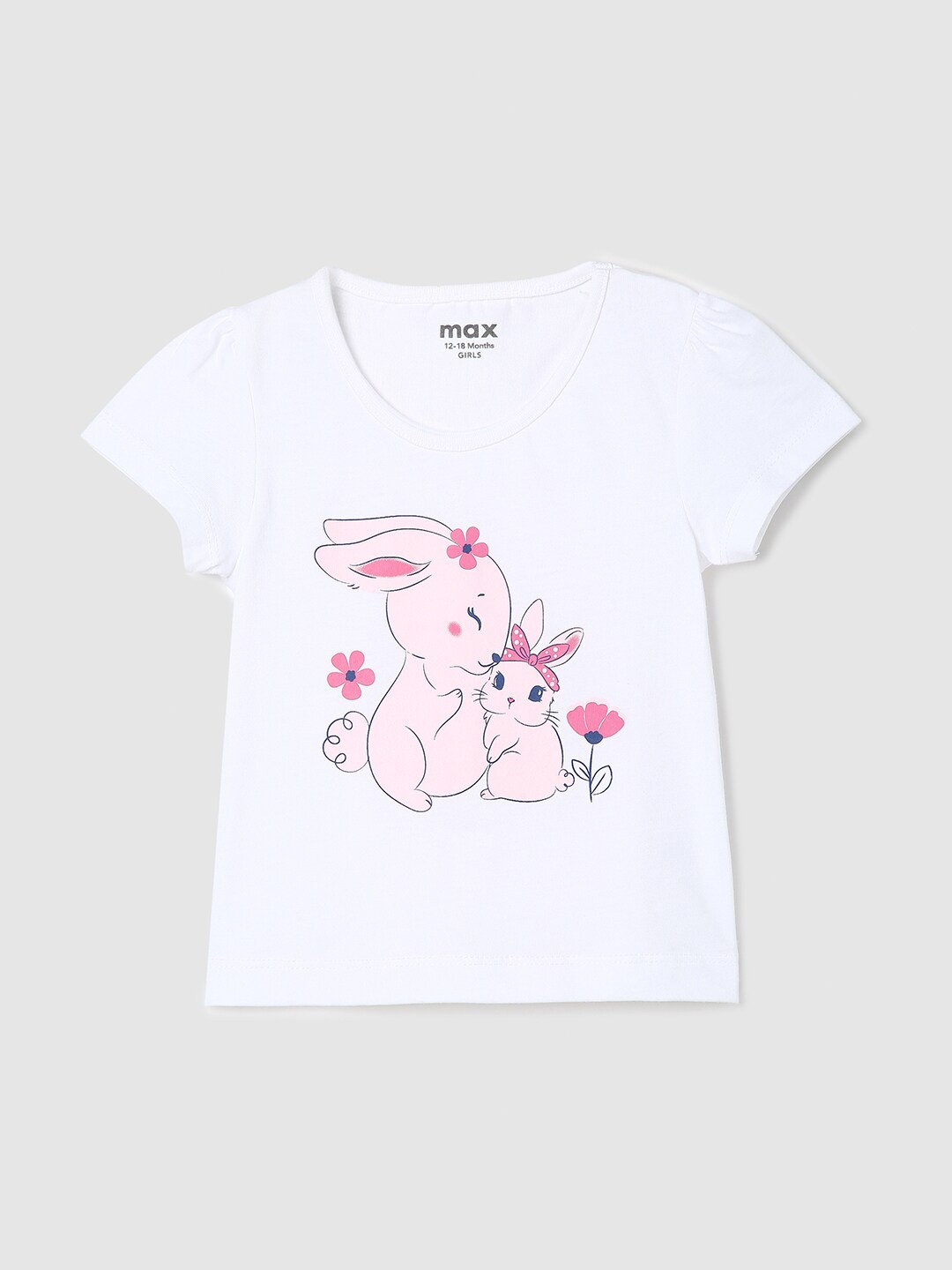 

max Infant Girls Graphic Printed Pure Cotton Puff Sleeves T-shirt, White