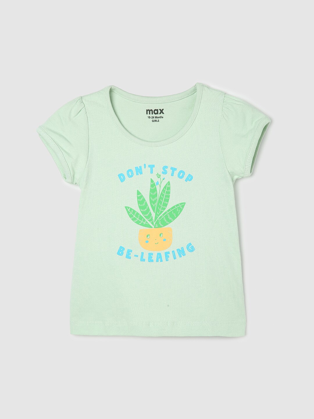 

max Infants Girls Typography Printed Pure Cotton T-shirt, Green