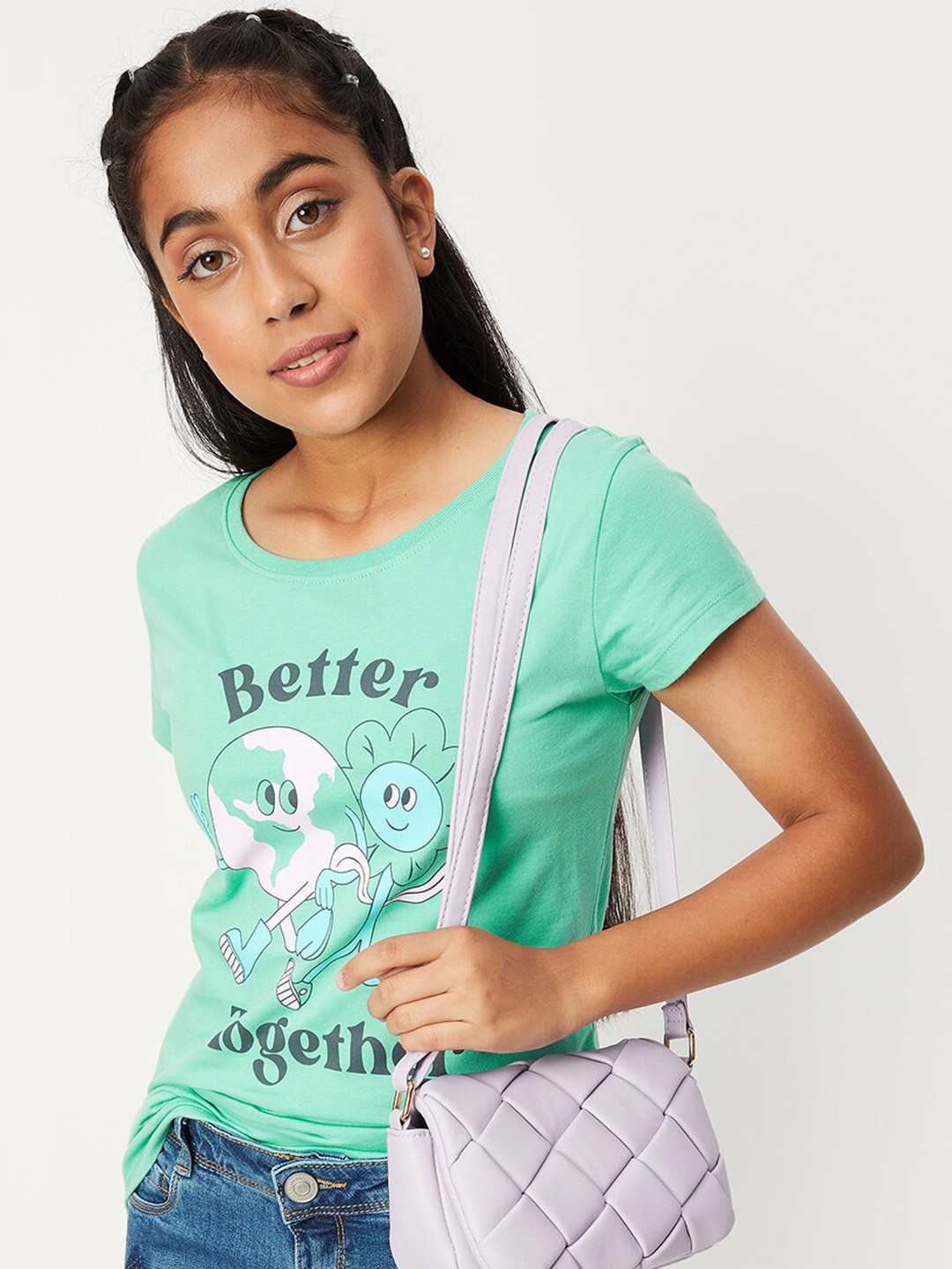 

max Girls Graphic Printed Pure Cotton T-shirt, Green