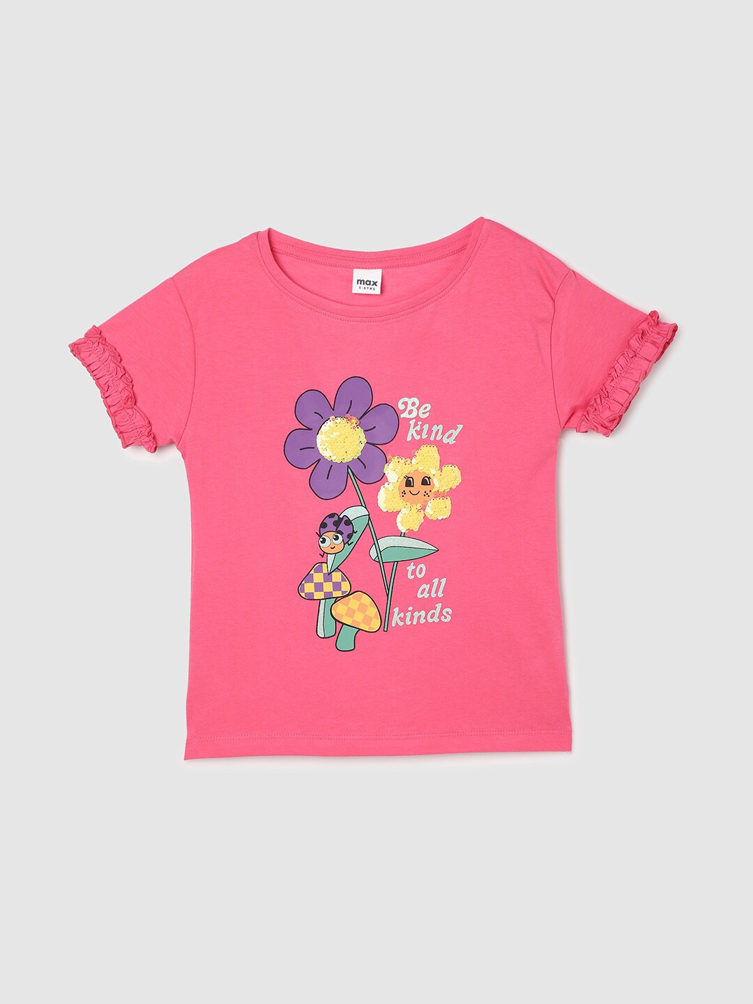 

max Girls Sequence Printed Ruffled sleeves Pure Cotton T-shirt, Pink