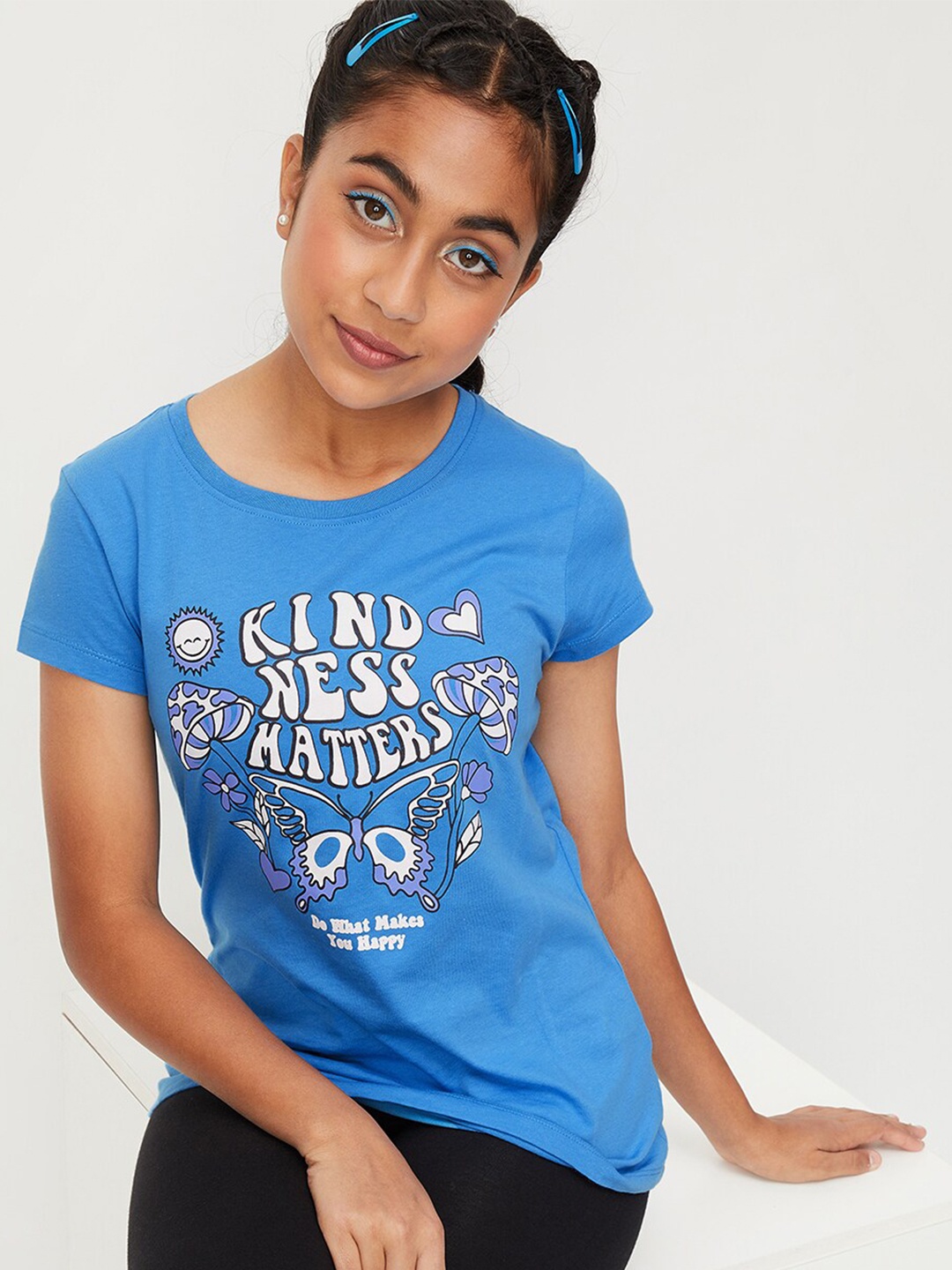 

max Girls Typography Printed Pure Cotton T-shirt, Blue