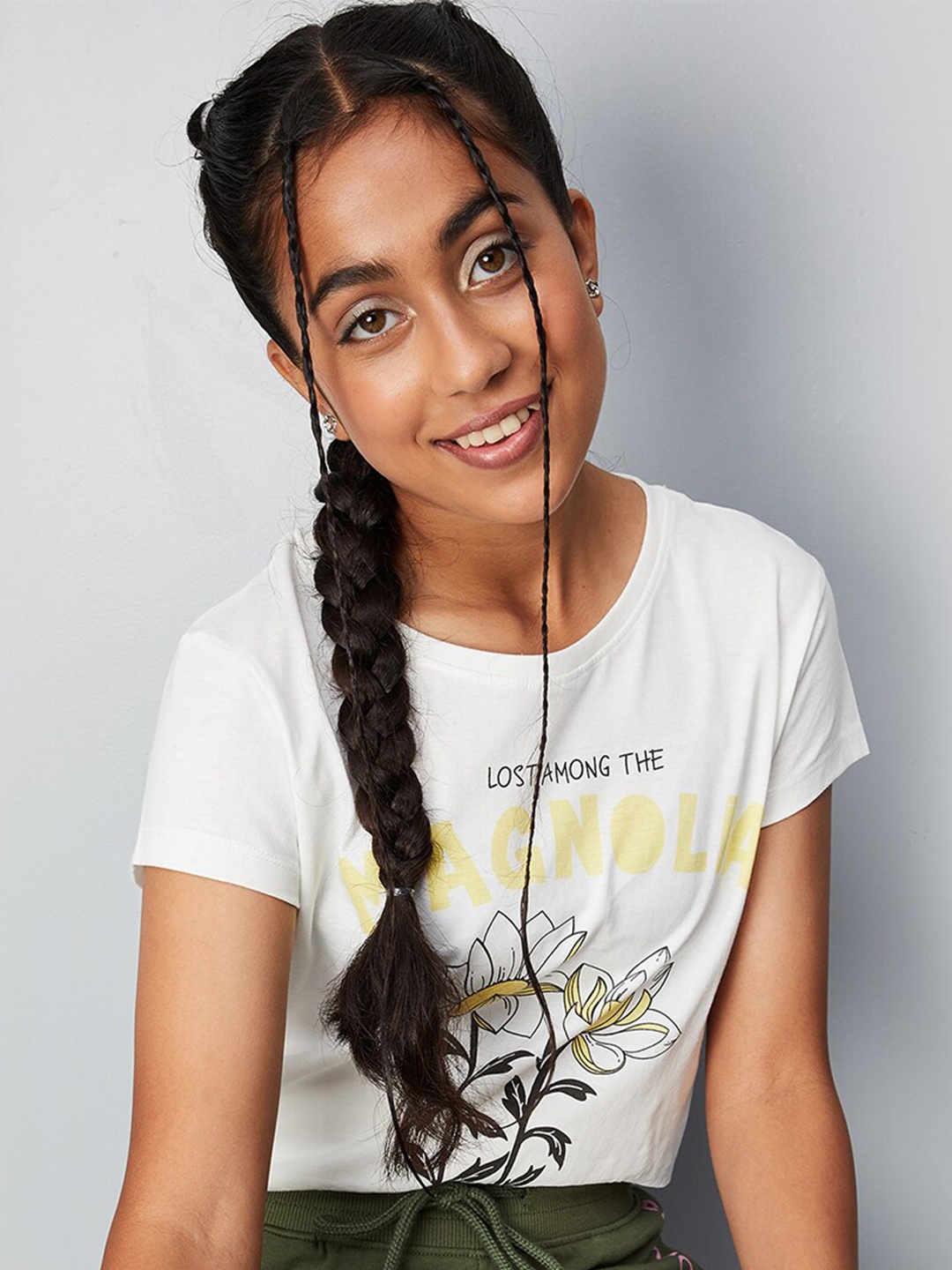 

max Girls Round Neck Printed Cotton T-shirt, White