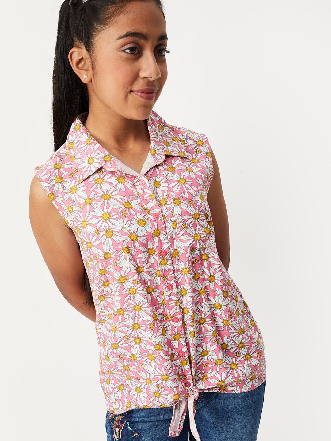 

max Girls Waist Tie-Up Floral Printed Shirt Style Top, Pink