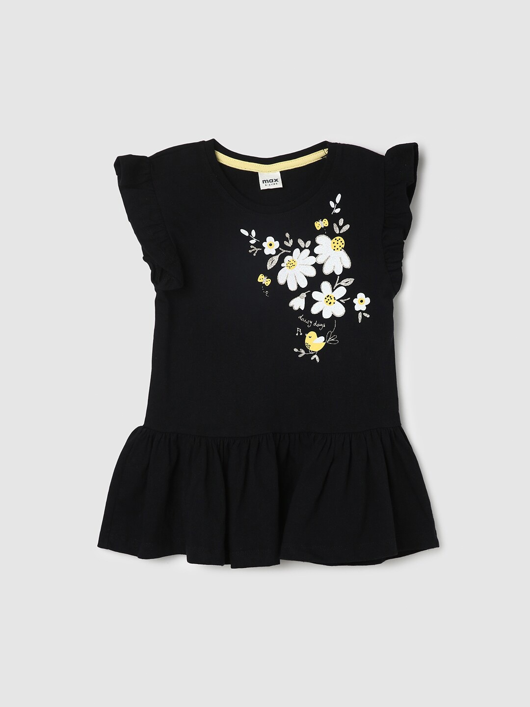 

max Girls Floral Printed Peplum Pure Cotton Top, Black