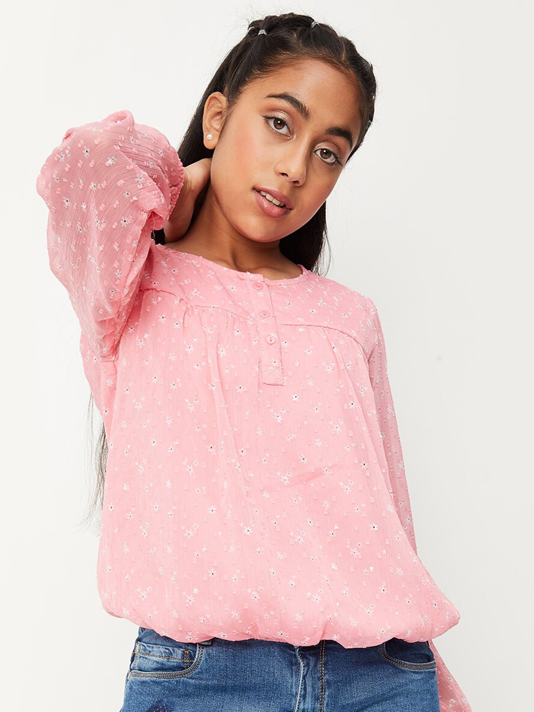 

max Girls Puff Sleeves Gathered Floral Printed Blouson Top, Pink