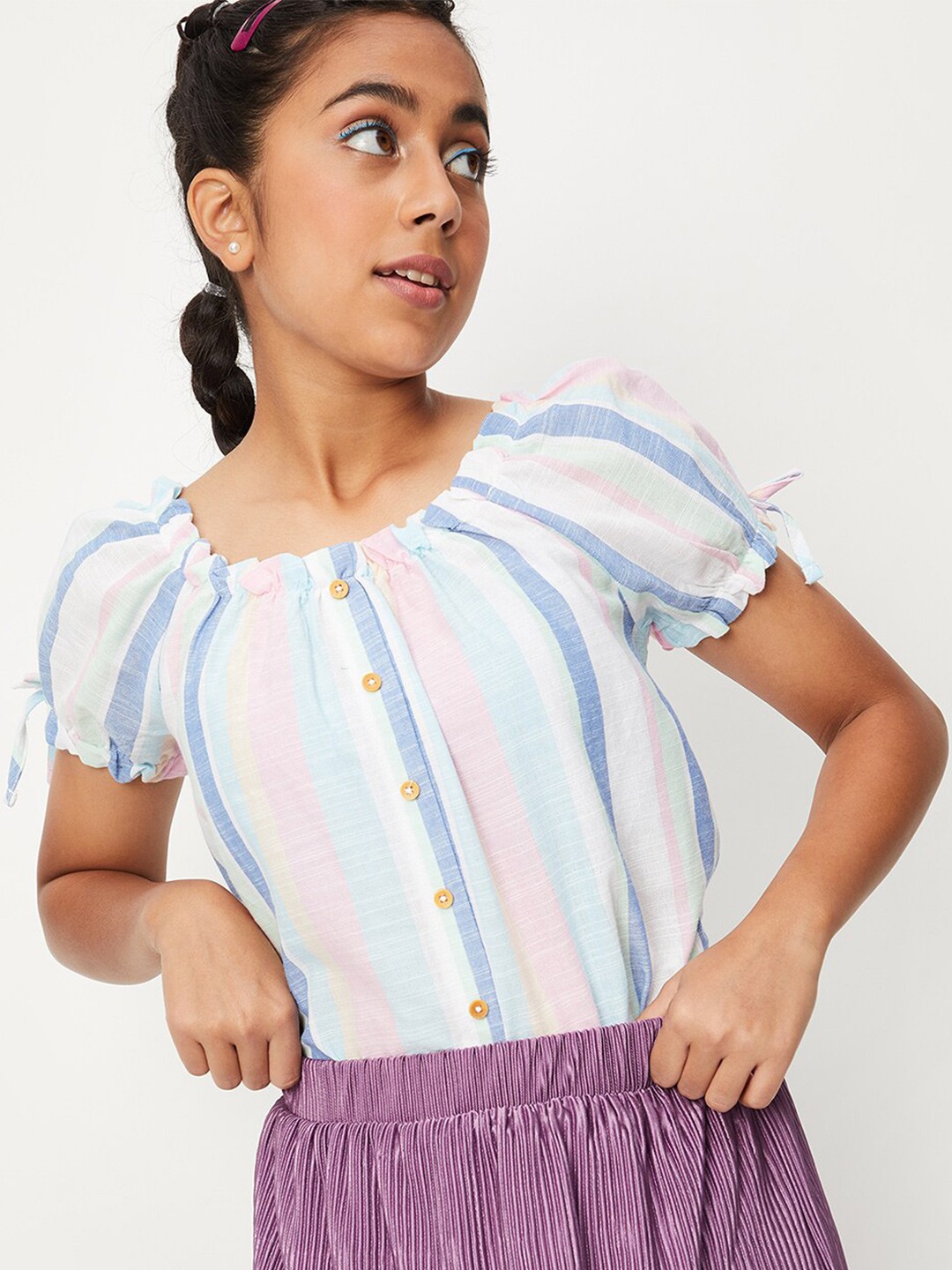

max Girls Vertical Striped Puff Sleeves Blouson Top, Blue