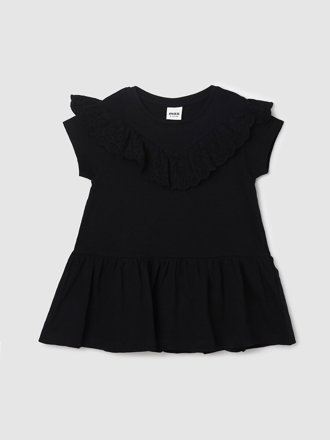 

max Girls Round Neck Ruffle Detail Pure Cotton A-Line Dress, Black