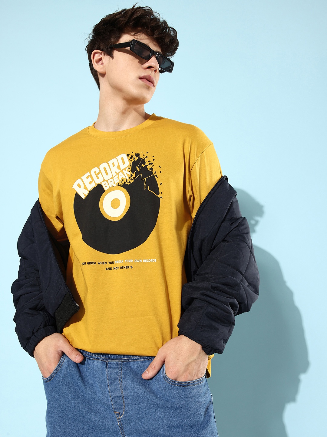 

Difference of Opinion Men Graphic Printed Oversized T-shirt, Mustard