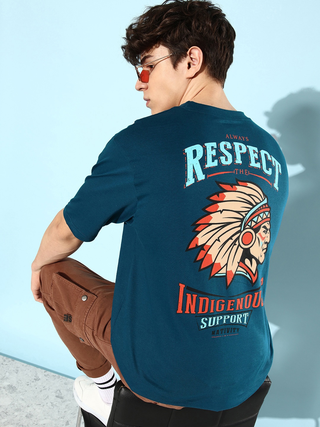 

Difference of Opinion Men Graphic Printed Oversized T-shirt, Blue