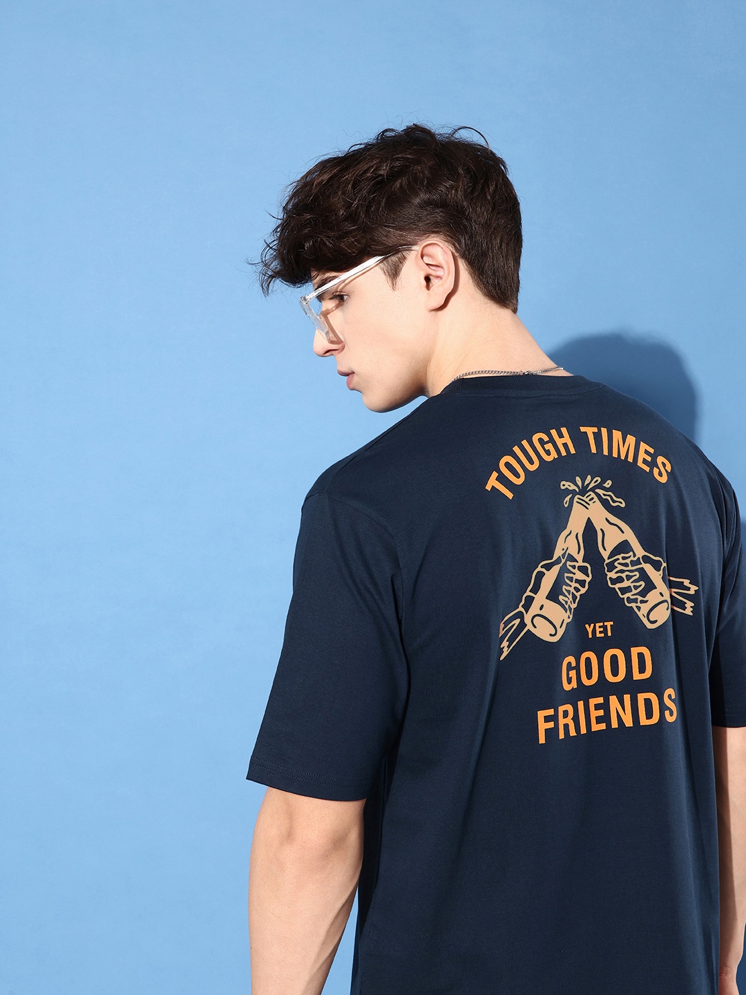 

Difference of Opinion Men Pure Cotton Yellow Printed Oversized T-shirt, Navy blue