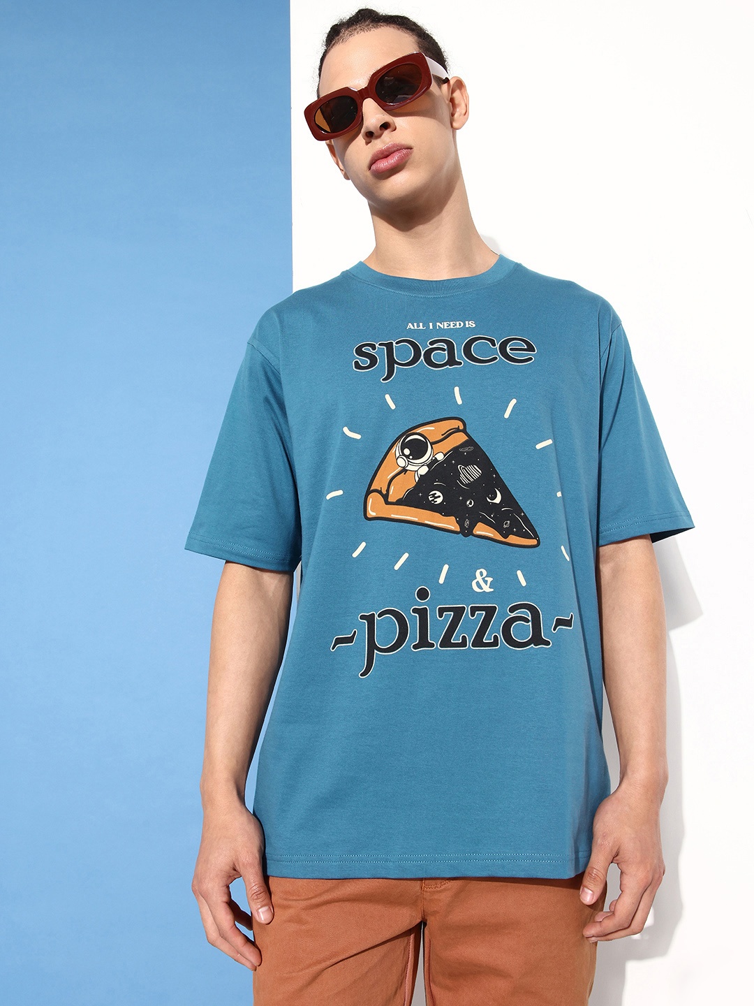 

Difference of Opinion Men Pure Cotton Printed Oversized T-shirt, Blue