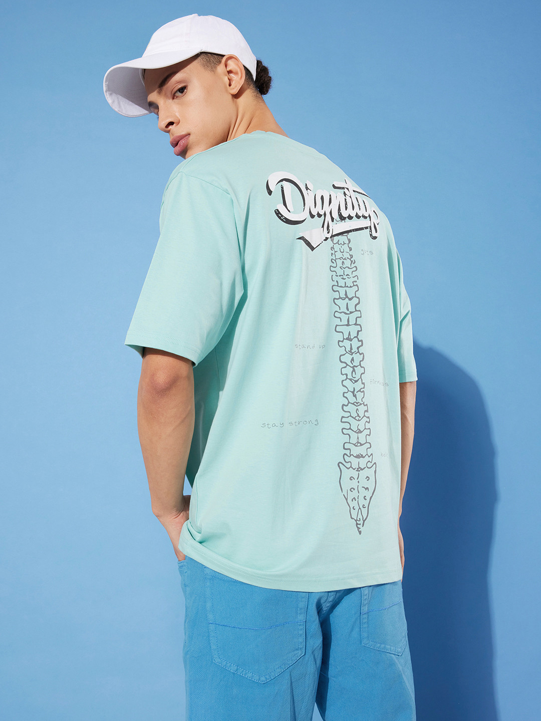

Difference of Opinion Men Pure Cotton Printed Oversized T-shirt, Turquoise blue