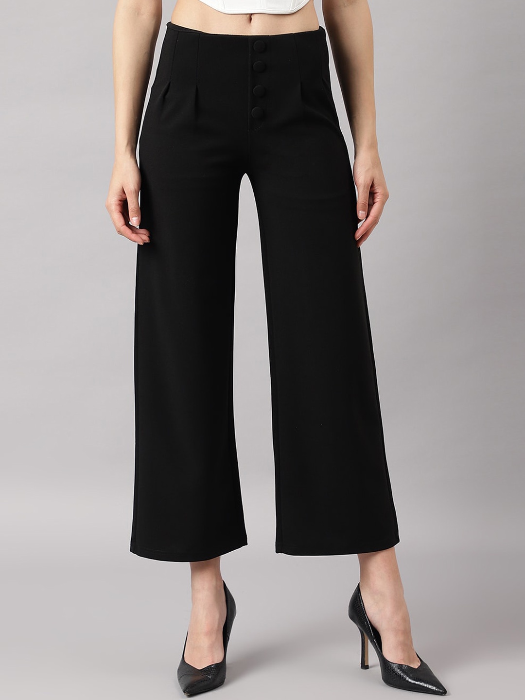 

DUDITI Women Acrylic Relaxed Flared High-Rise Parallel Trousers, Black