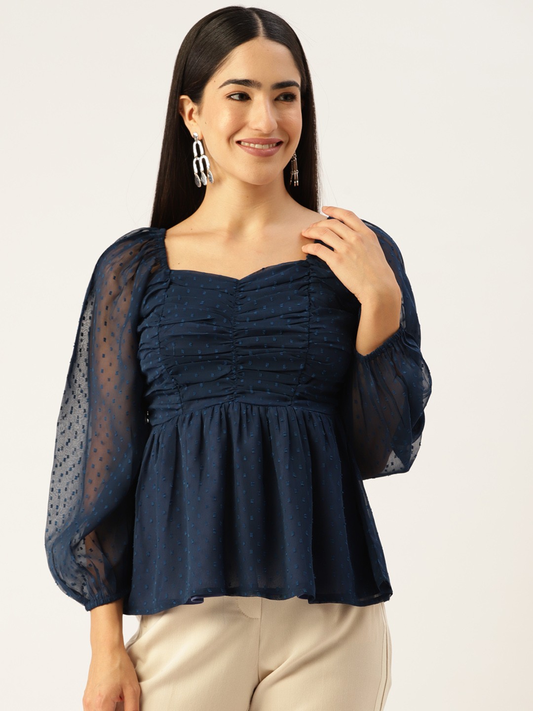 

Slenor Sweetheart Neck Georgette Peplum Top, Navy blue