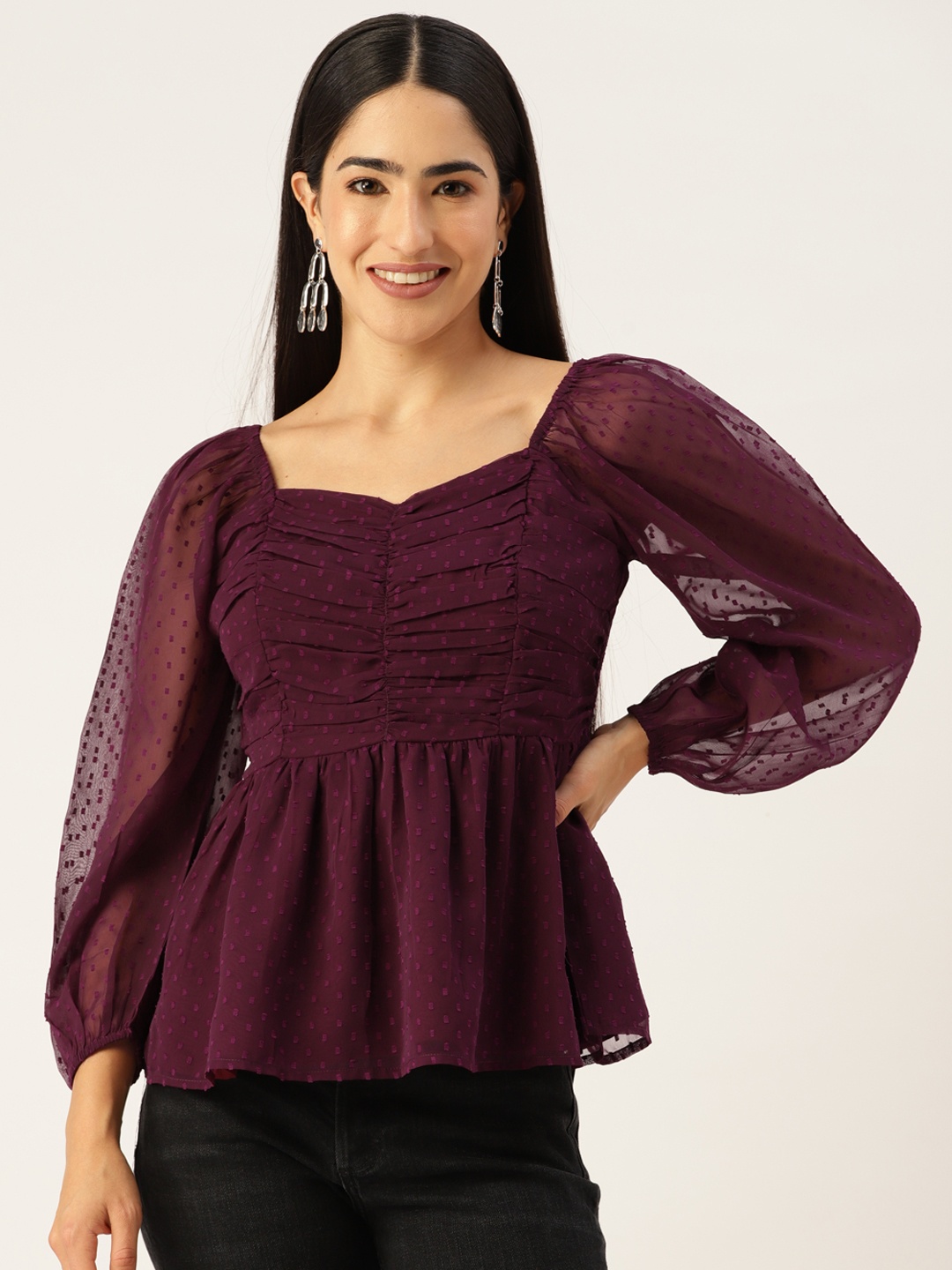 

Slenor Sweetheart Neck Georgette Peplum Top, Purple