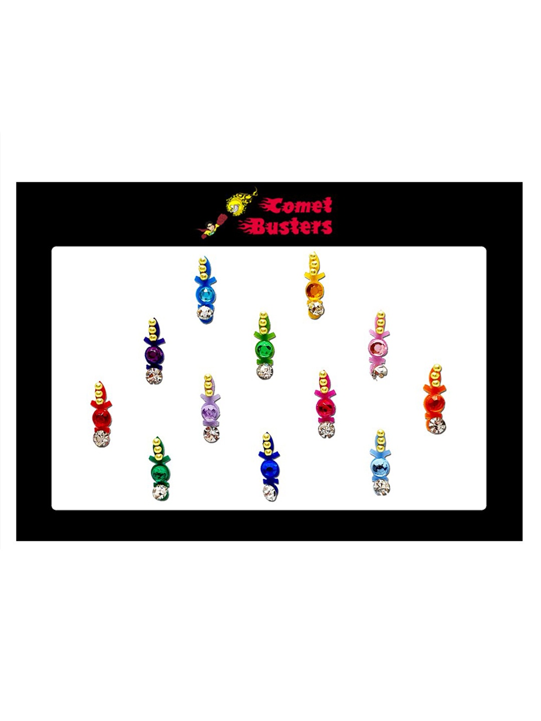 

Comet Busters Multicoloured Embellished Beautiful Traditional Designer Bindis - 12 Pcs, Multi