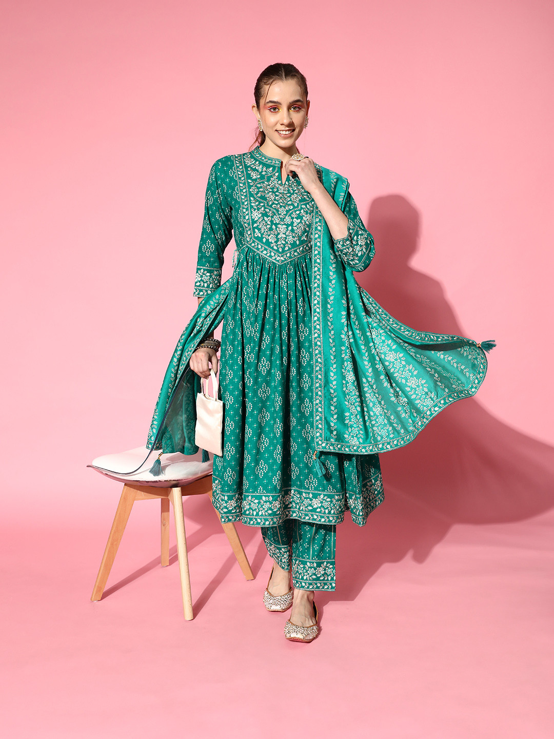 

ZOLA Green Bandhani Embroidered Pleated Anarkali Kurta With Trousers & Dupatta