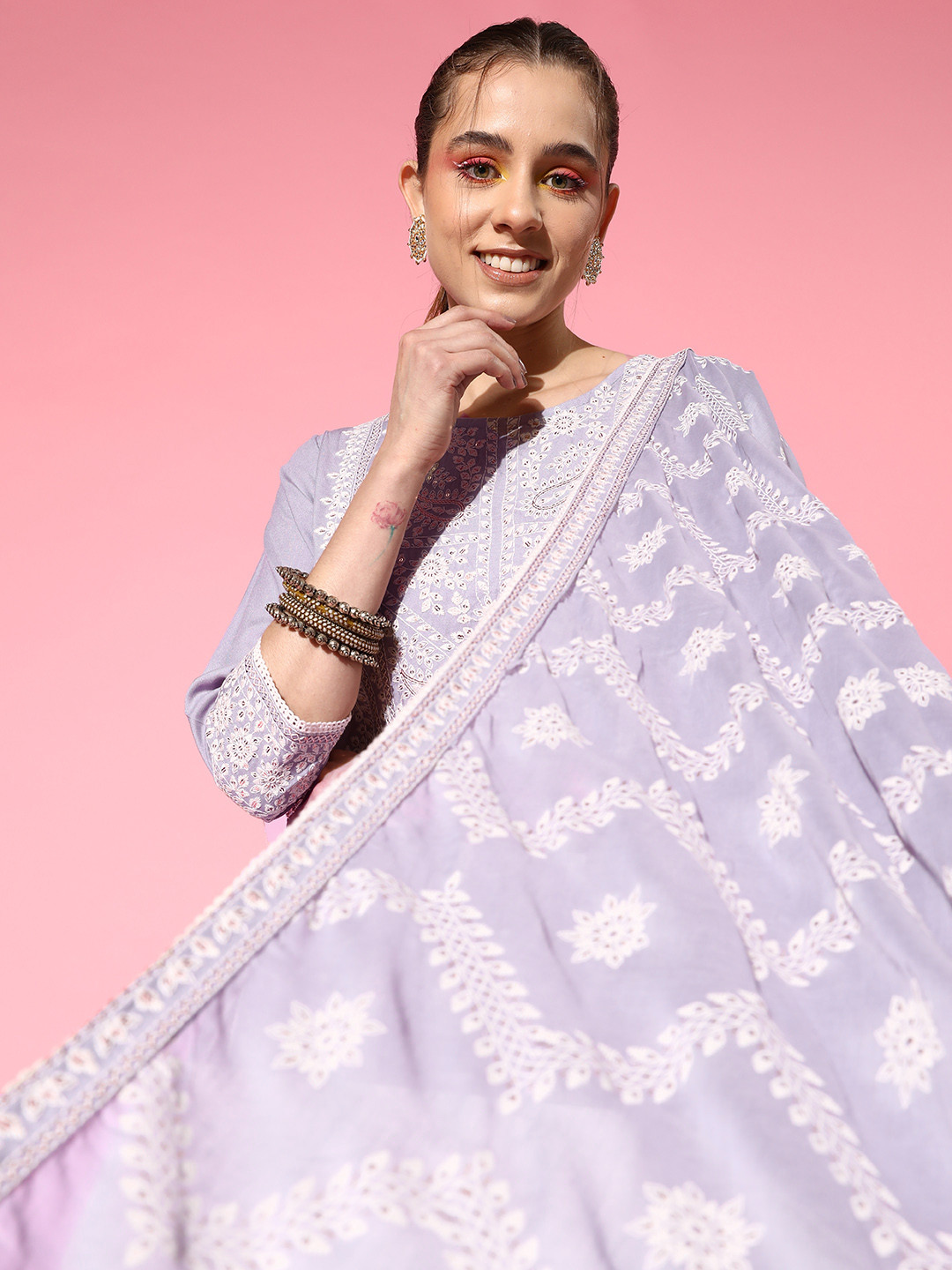 

ZOLA Lavender Ethnic Motifs Printed High Slit Sequinned Kurta With Trousers & Dupatta
