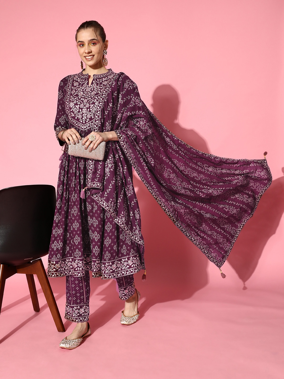 

ZOLA Green Bandhani Embroidered Pleated Anarkali Kurta With Trousers & Dupatta, Burgundy