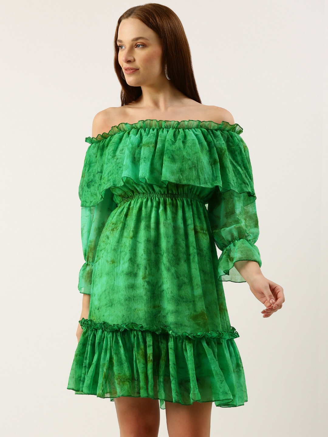

RACHNA Print Off-Shoulder Puff Sleeve Layered Georgette Fit & Flare Dress, Green