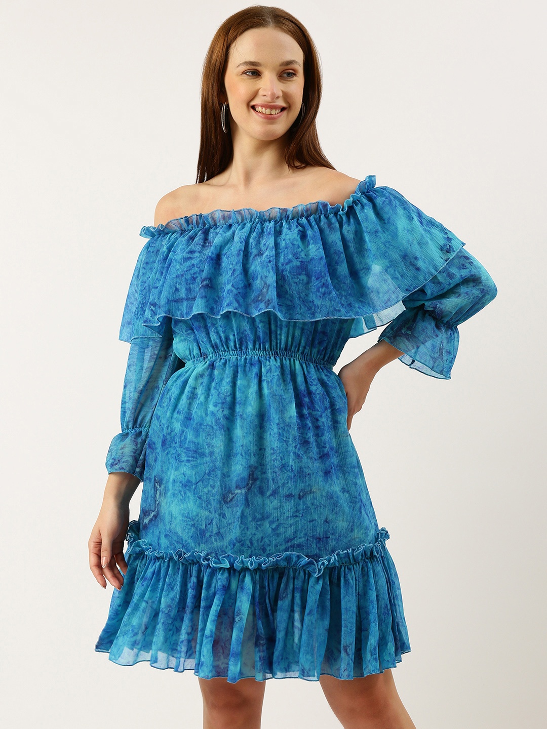 

RACHNA Print Off-Shoulder Bell Sleeves Ruffled Georgette Fit & Flare Dress, Blue