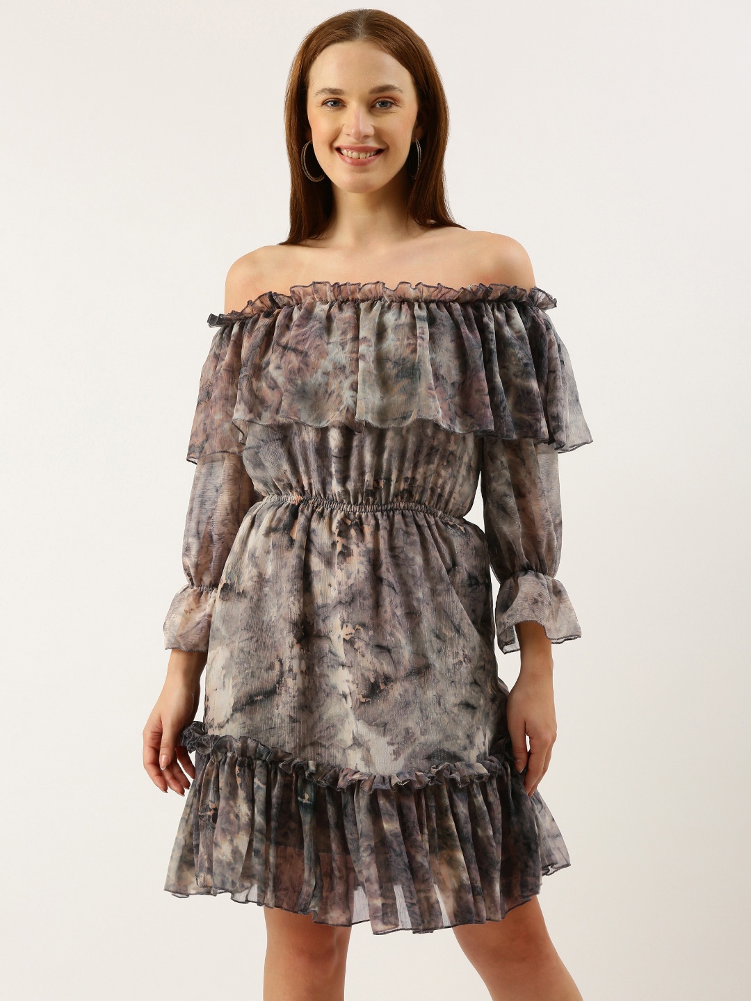 

RACHNA Print Off-Shoulder Bell Sleeves Ruffled Georgette Fit & Flare Dress, Grey