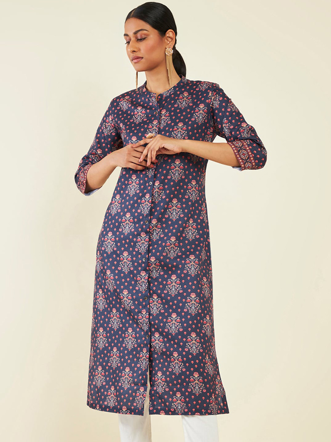 

Soch Floral Printed Band Collar Kurta, Navy blue