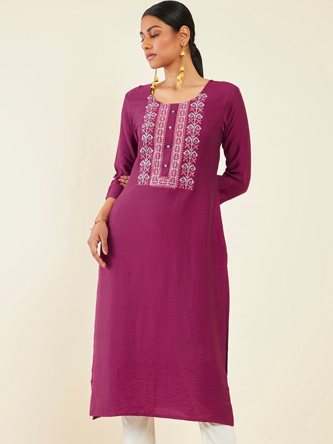 

Soch Calf Length Ethnic Motifs Printed Sequined Straight Kurta, Purple