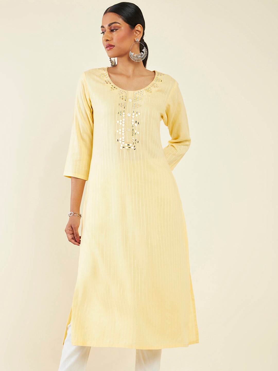 

Soch Ethnic Motifs Embroidered Mirror Work Straight Kurta, Yellow