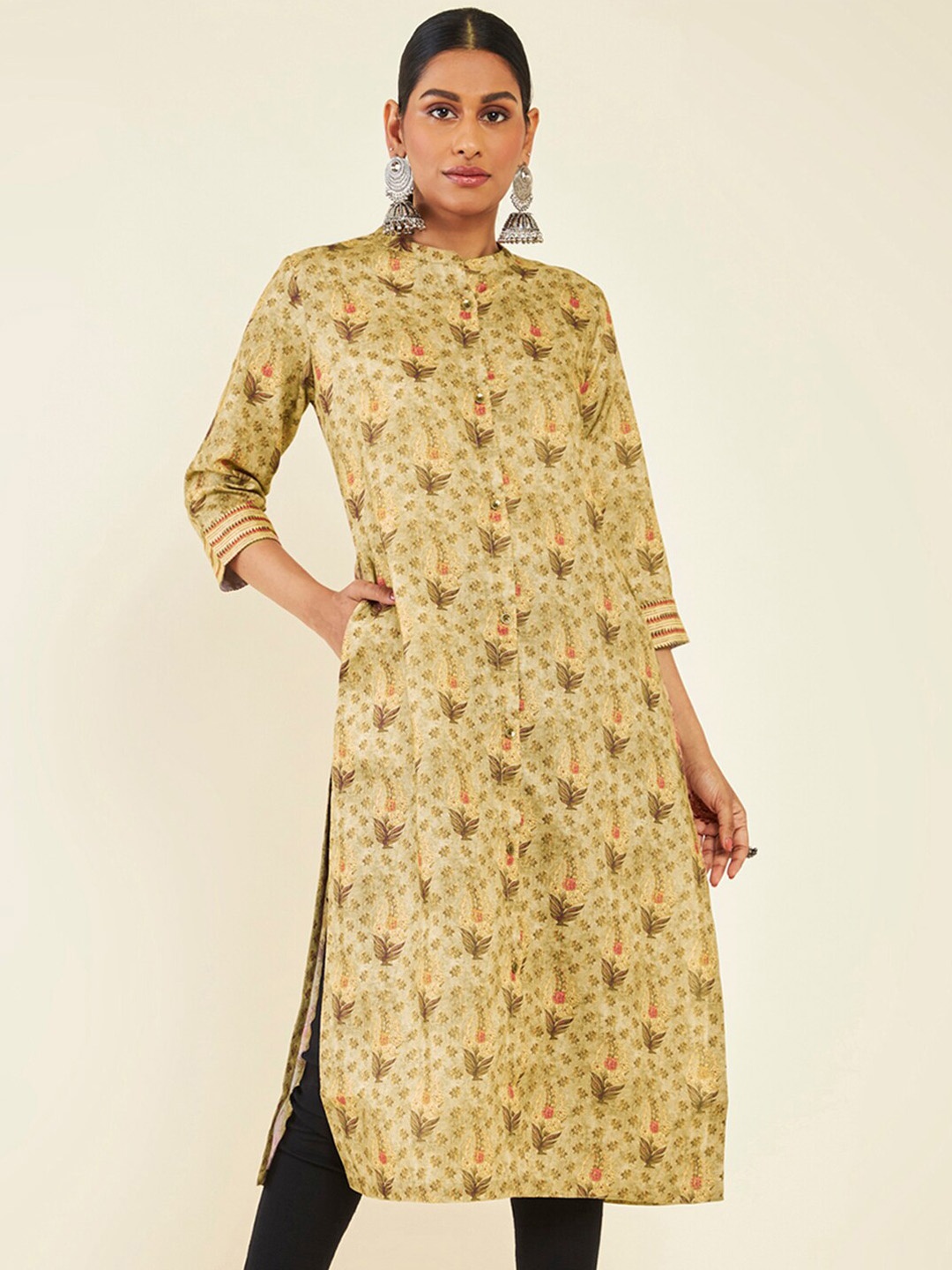 

Soch Floral Printed Multiple Slit Band Collar Kurta, Beige