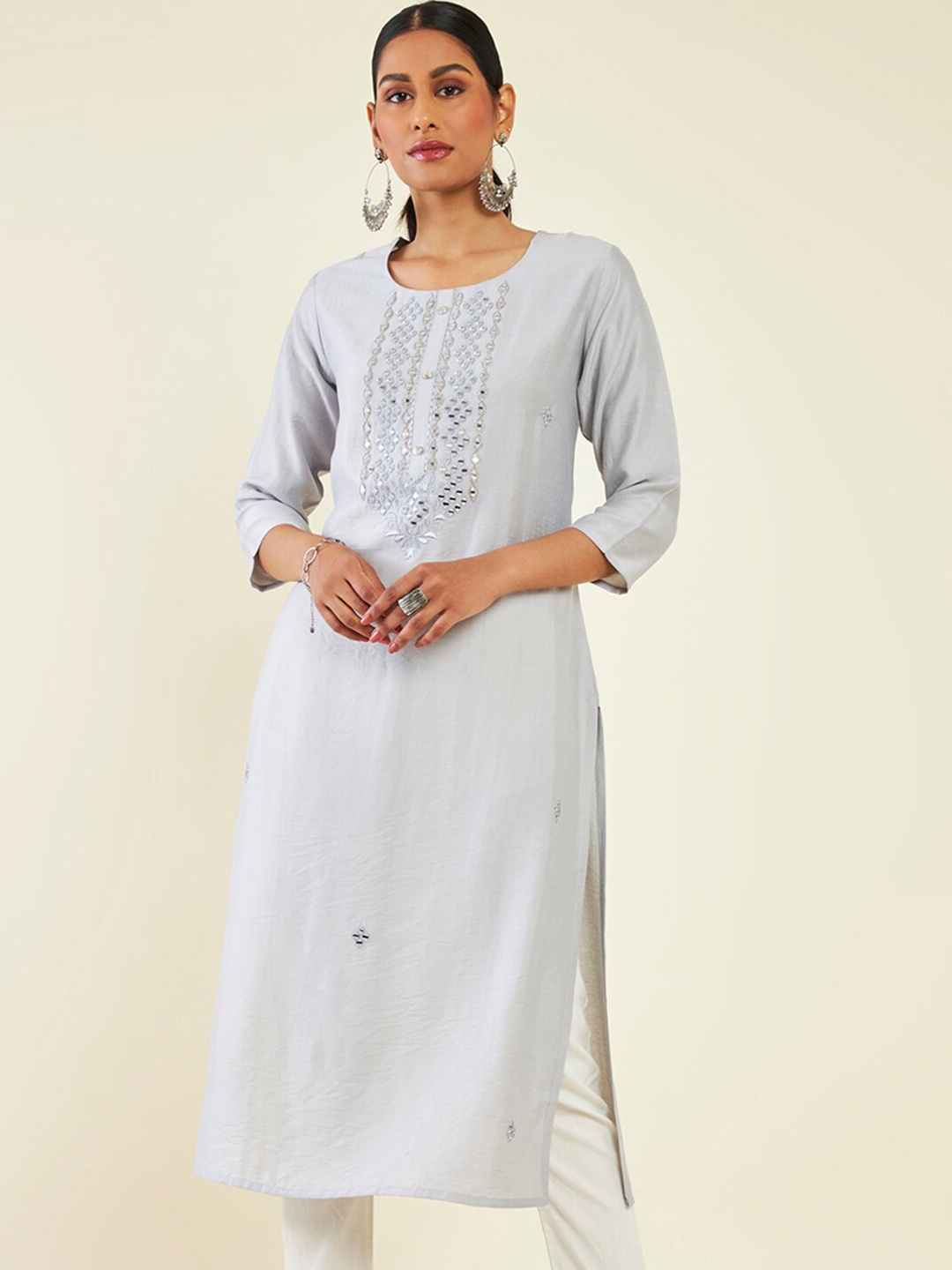 

Soch Ethnic Motifs Embroidered Mirror Work Straight Kurta, Grey