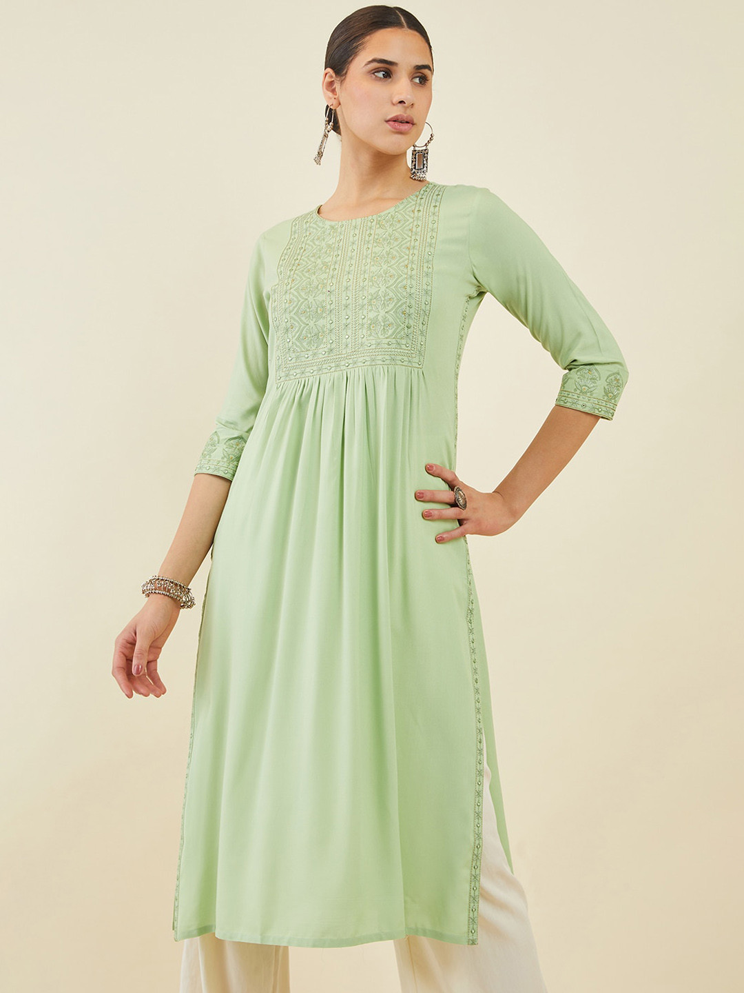 

Soch Ethnic Motifs Embroidered Mirror Work Kurta, Green