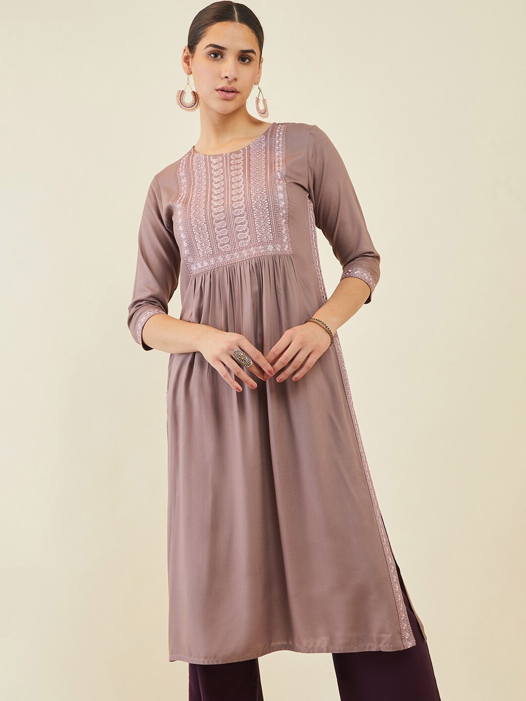 

Soch Ethnic Motifs Embroidered Thread Work Pleated A-Line Kurta, Taupe