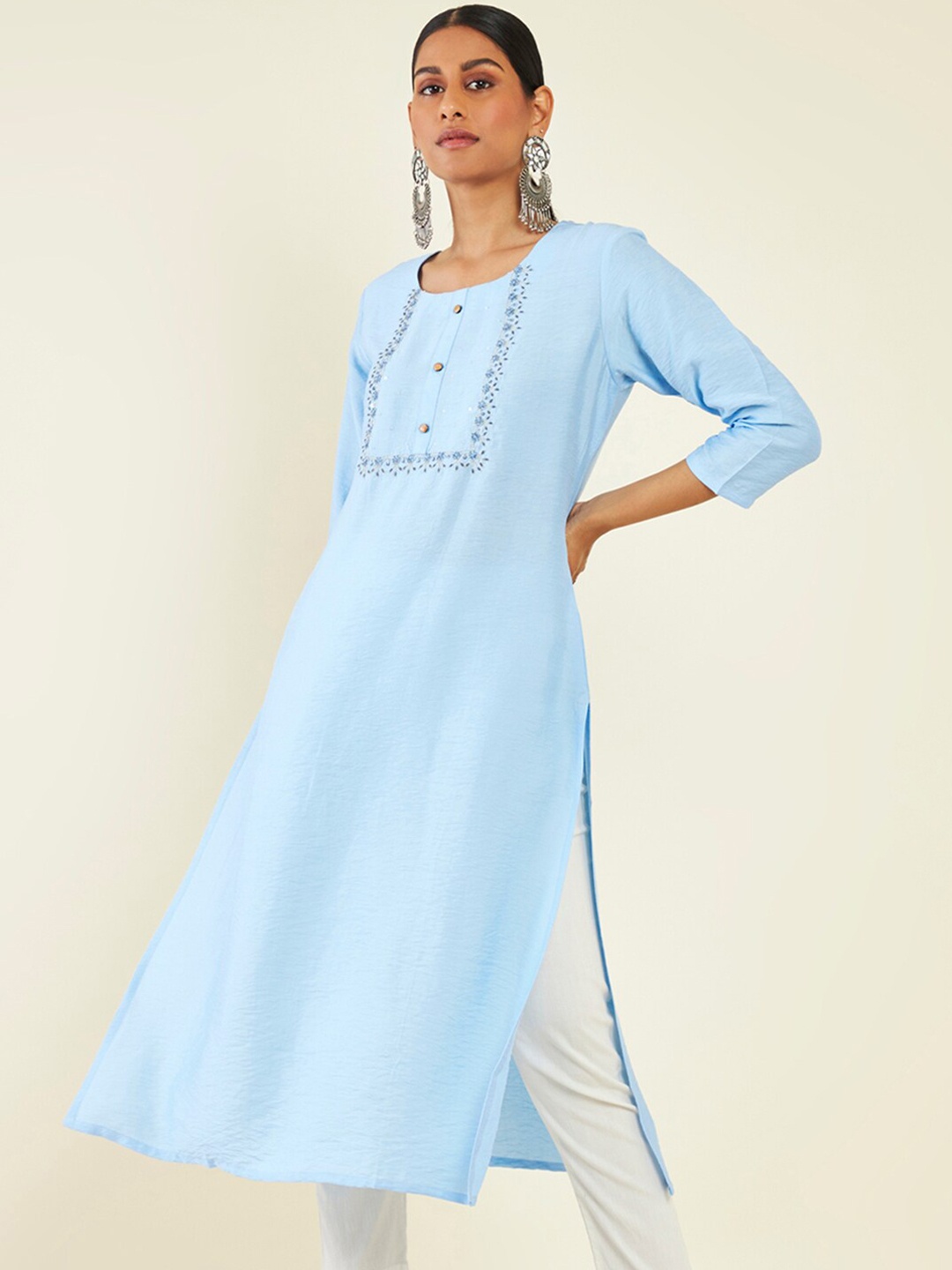 

Soch Floral Yoke Design Embroidered Sequins Straight Kurta, Blue