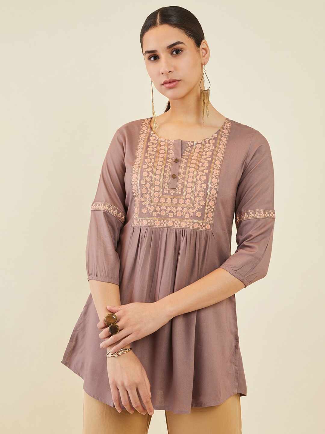

Soch Floral Embroidered Tunic With Gathers, Brown