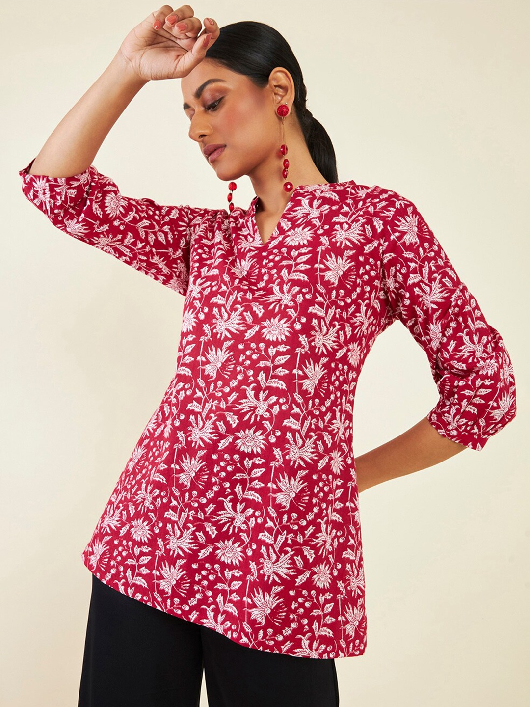 

Soch Floral Printed Band Collar Cotton Tunic, Red