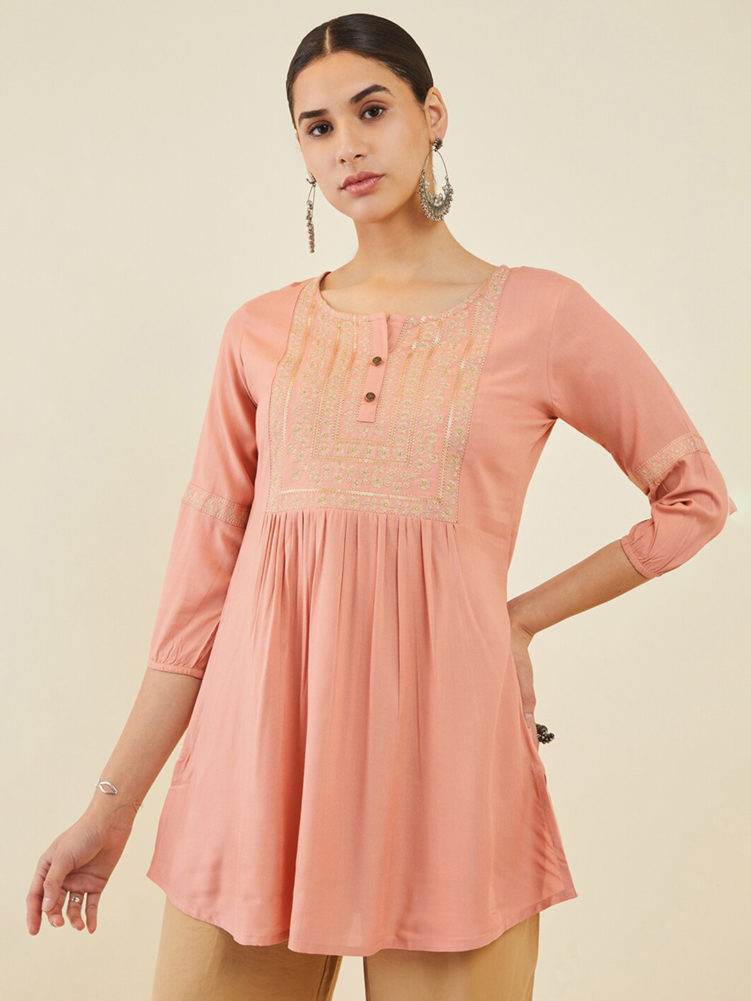 

Soch Floral Embroidered Tunic With Gathers, Peach