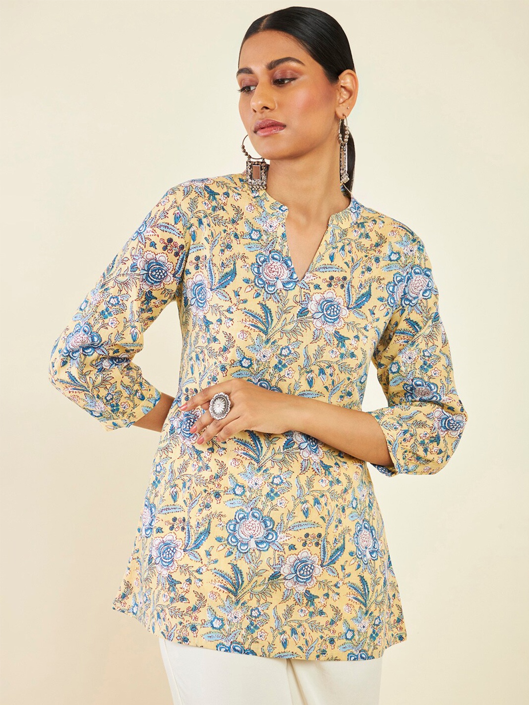 

Soch Floral Printed Band Collar Cotton Tunic, Yellow