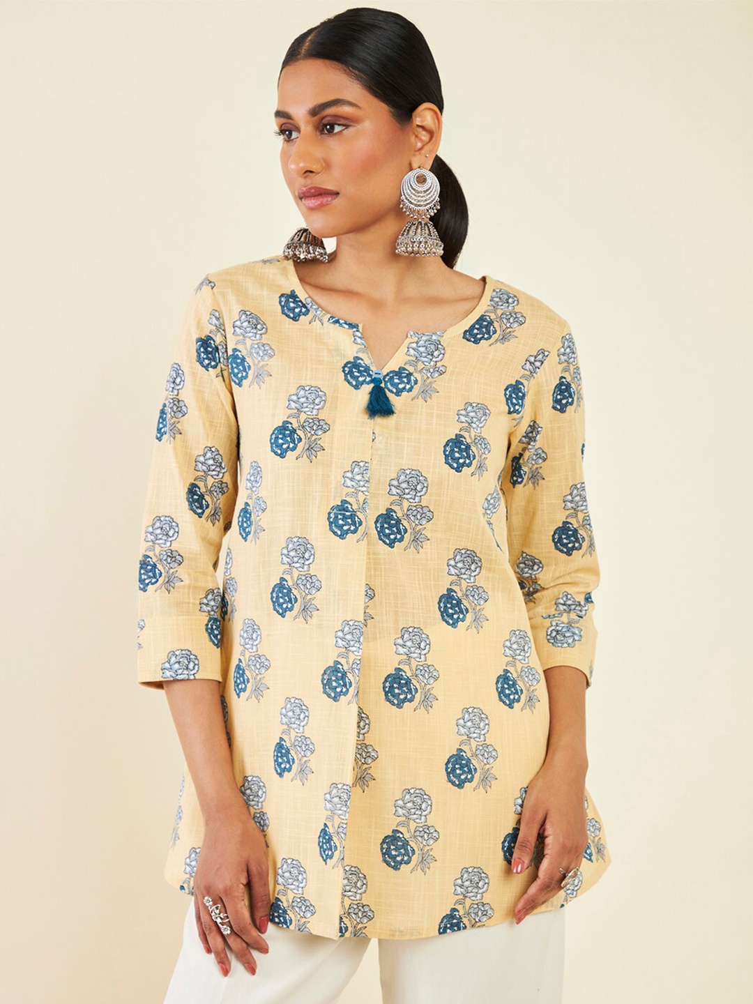 

Soch Floral Printed Notched Neck Cotton Tunic, Yellow